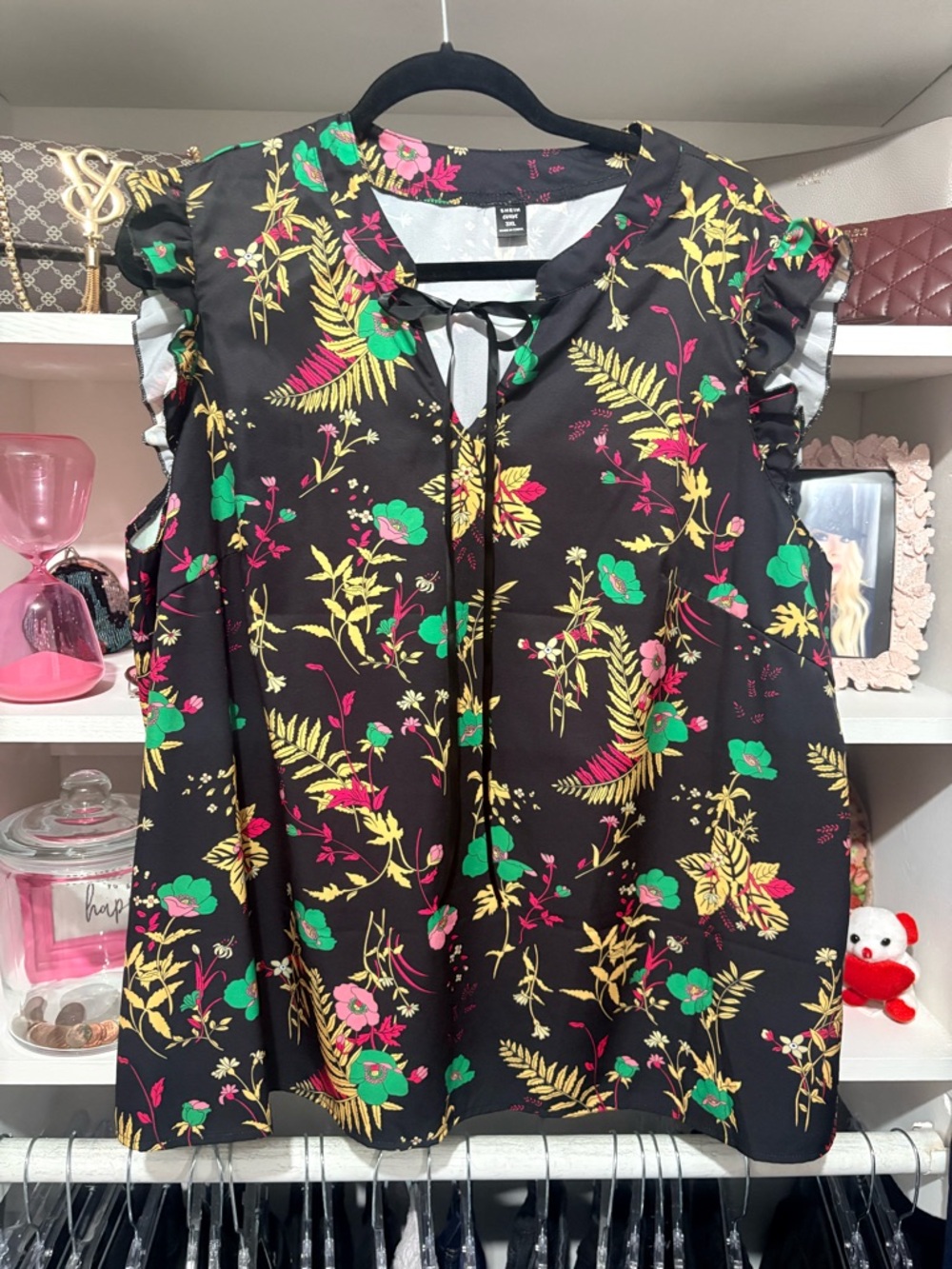 SHEIN Black Sleeveless Tie-Neck Top with Green & Yellow Floral Print